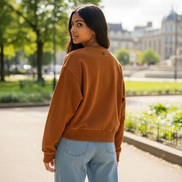 Prana Womens Rust Corduroy Velour Crewneck Pullover Sweatshirt Large - Picture 2 of 11